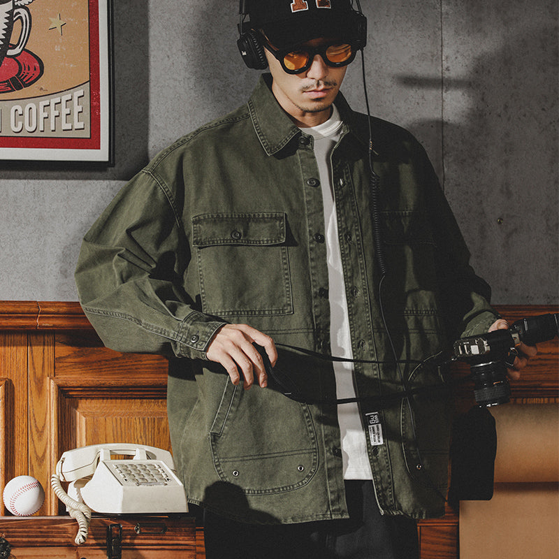 美式工裝襯衫男潮牌復古長袖襯衣男士春秋季寬松休閑上衣外套