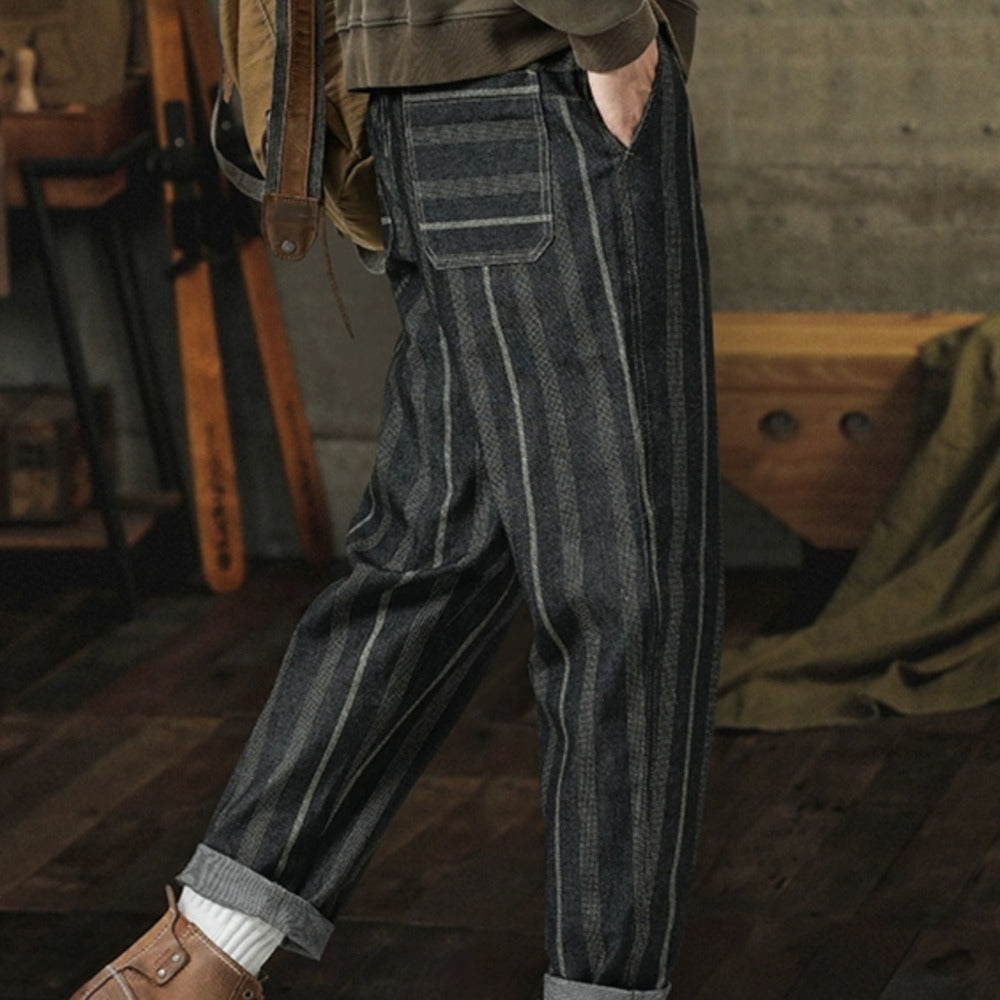 美式復古條紋休閑褲子男秋季英倫雅痞寬松直筒哈倫九分錐形褲
