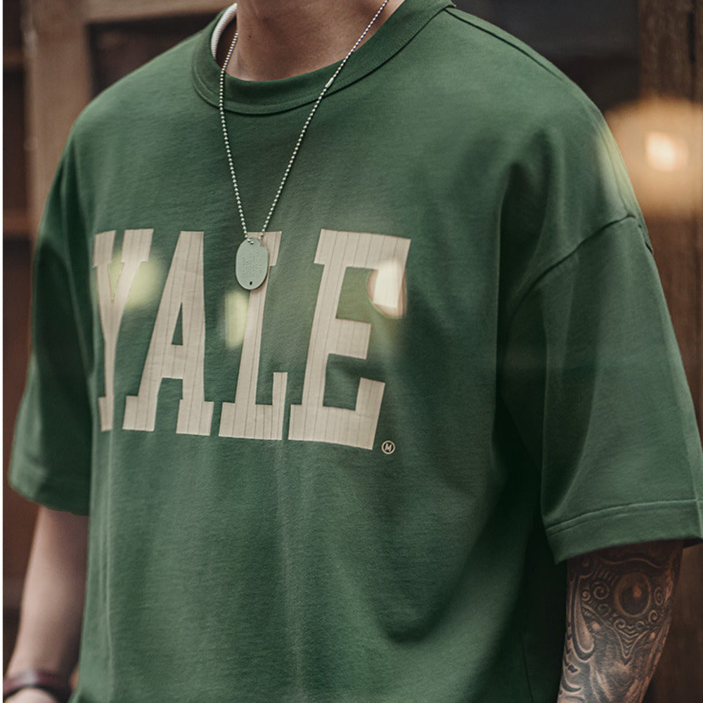 美式撞色字母印花T恤學院風耶魯大學純棉短袖體恤男夏季
