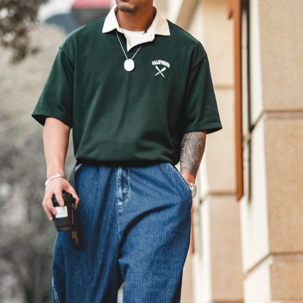 美式復古撞色polo衫短袖寬松刺繡學院風翻領半袖t恤