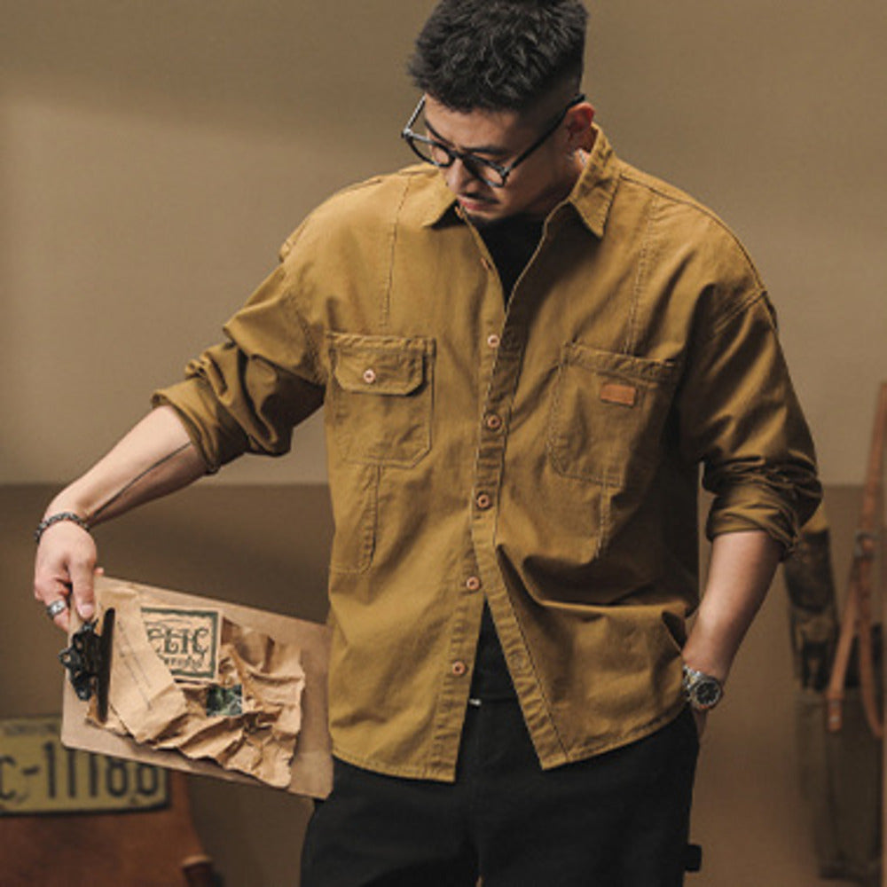 美式復古長袖襯衫春秋季款純棉休閑工裝襯衣外套