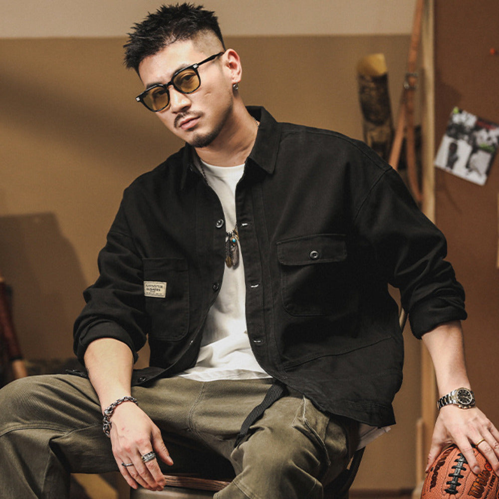 美式復古工裝襯衫春秋季款潮牌痞帥牛仔夾克外套