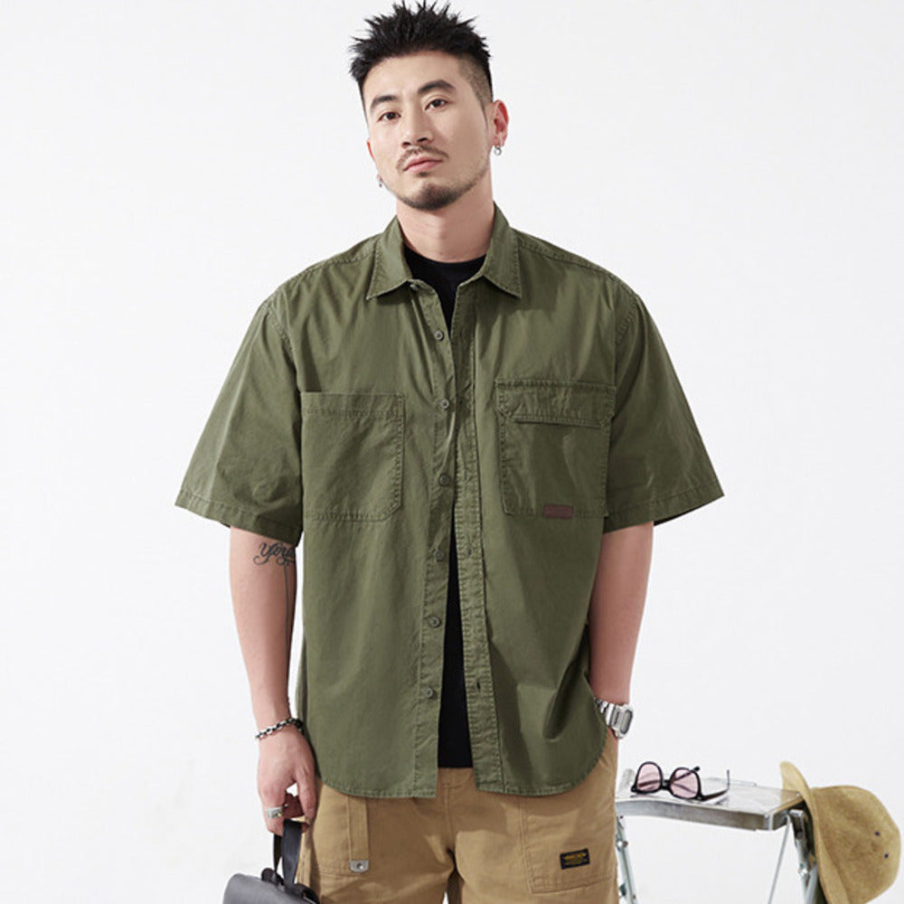 美式復古半袖工裝襯衣夏季戶外硬漢純棉休閑上衣