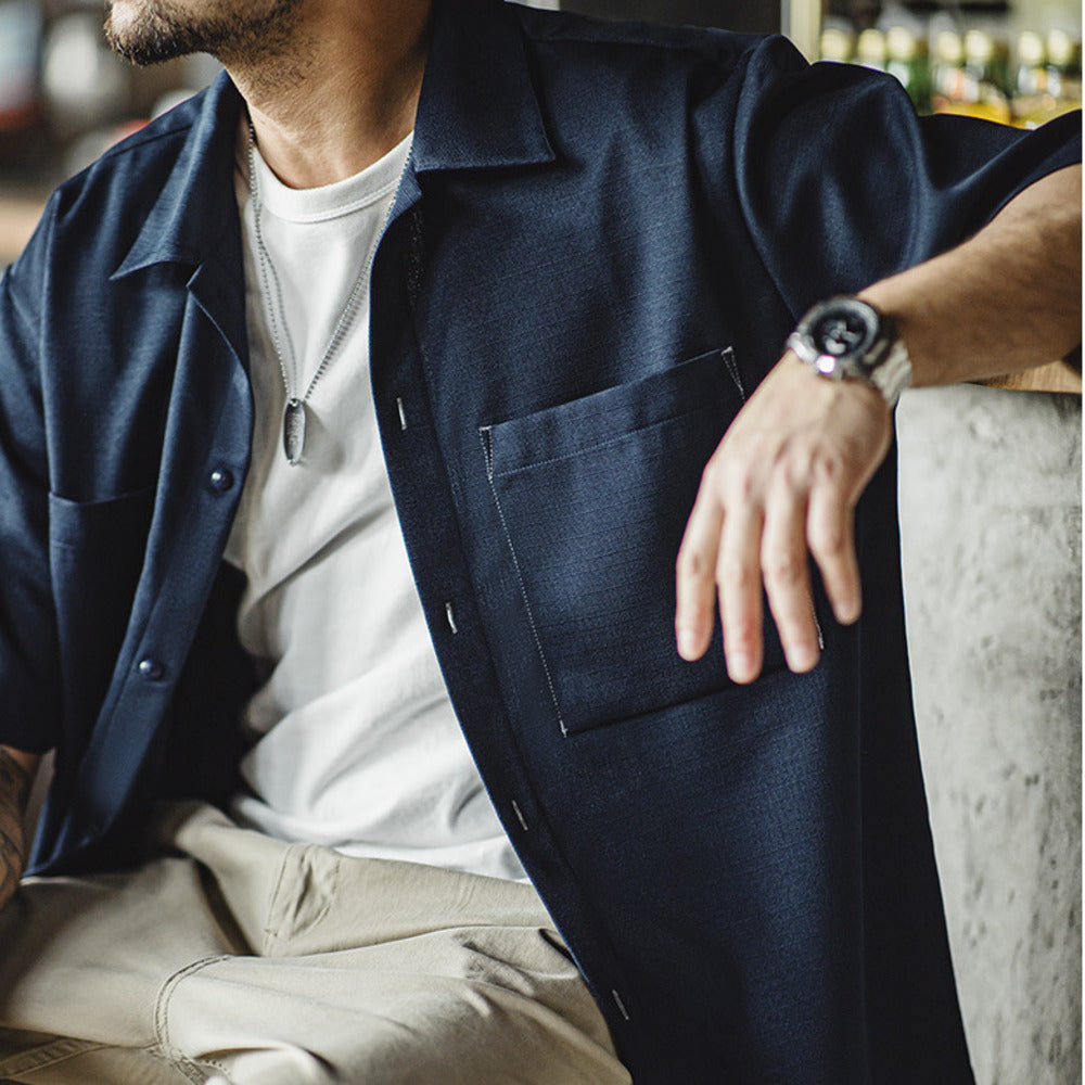 美式休閑oversize垂感免燙襯衫肌理感廓形短袖襯衣男夏季