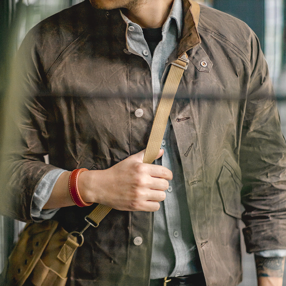美式復古立領帆布油蠟夾克阿美咔叽硬漢防水獵裝外套