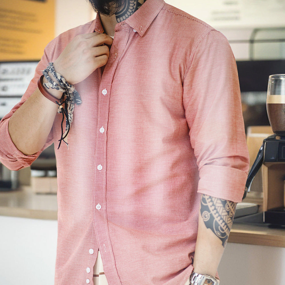 休閑千鳥格襯衫紐扣通勤商務格子長袖襯衣