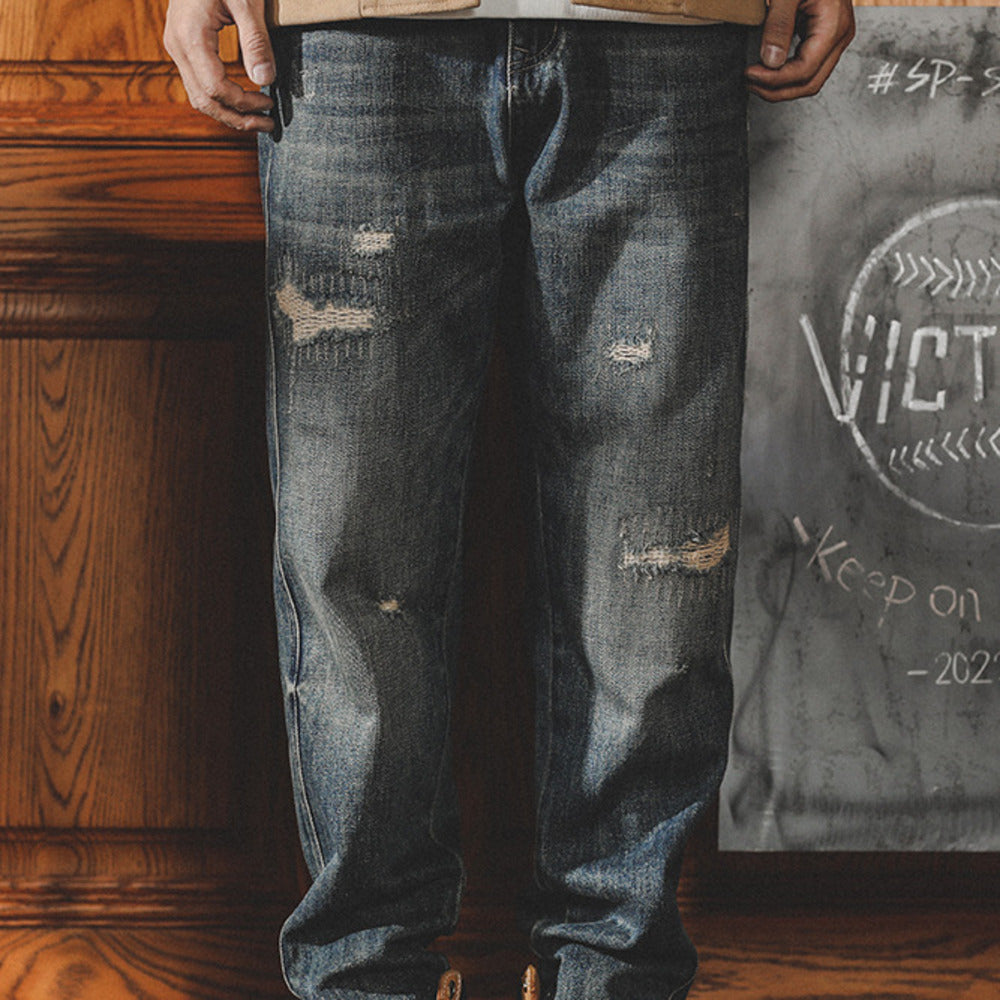美式復古寬松直筒牛仔褲男春秋破洞潮牌阿美咔叽褲子男士休閑長褲