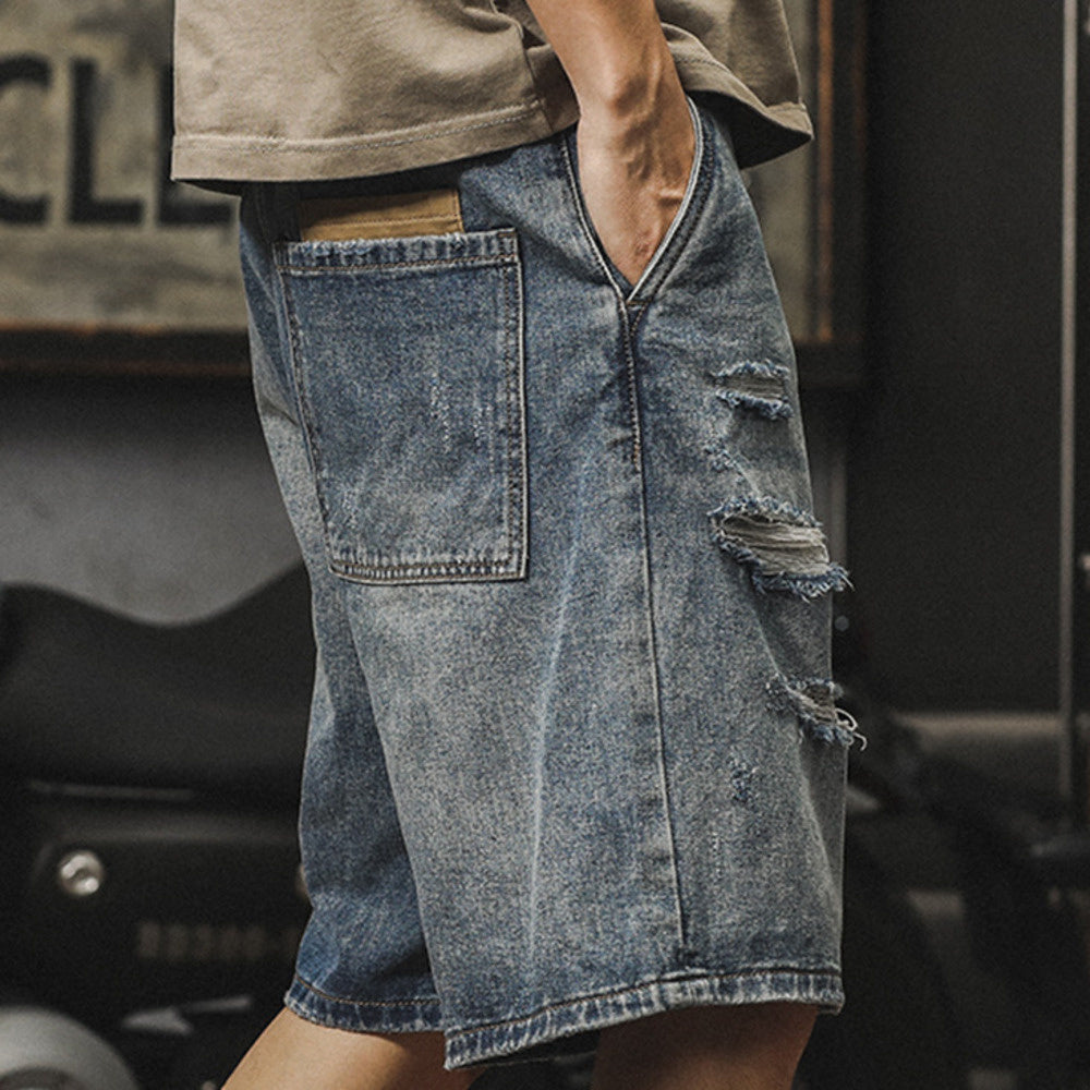 美式復古破洞牛仔短褲男設計感薄款工裝五分褲夏季寬松大碼中褲潮