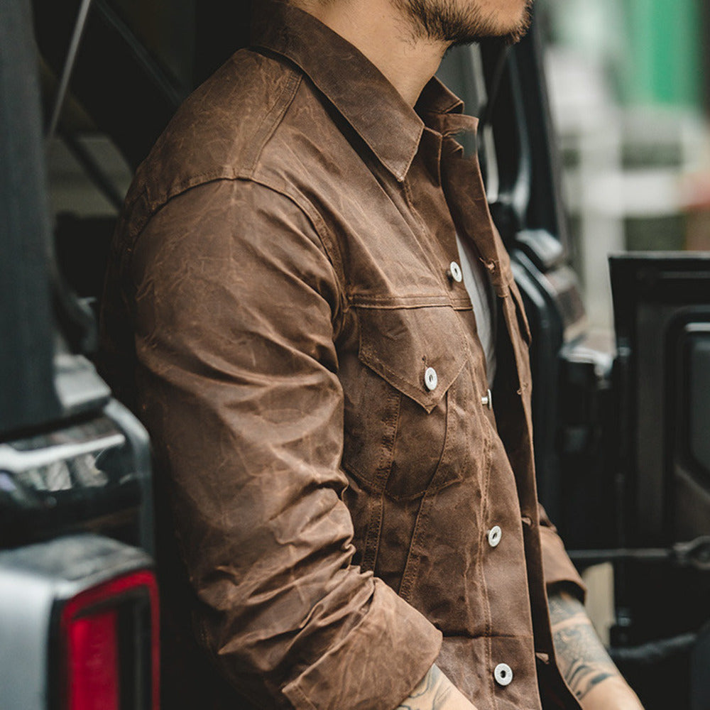 美式復古黃石帆布油蠟夾克阿美咔叽獵裝油臘外套