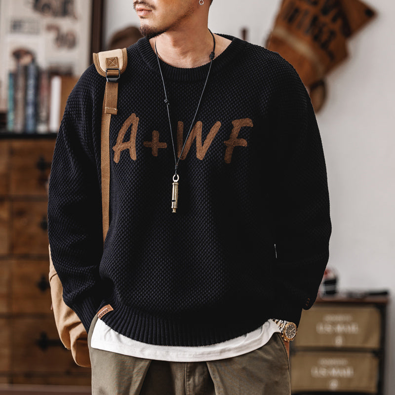 美式復古冬季潮牌字母針織衫男士寬松保暖線衣