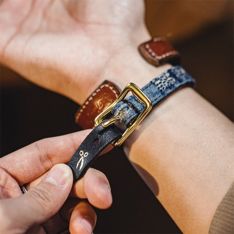 復古boro百家布拼接手環黃銅頭層植鞣牛皮手镯配飾品