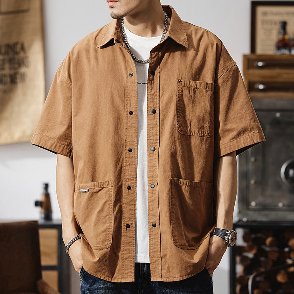 夏季戶外通勤半袖襯衣美式山系休閑大碼工裝上衣