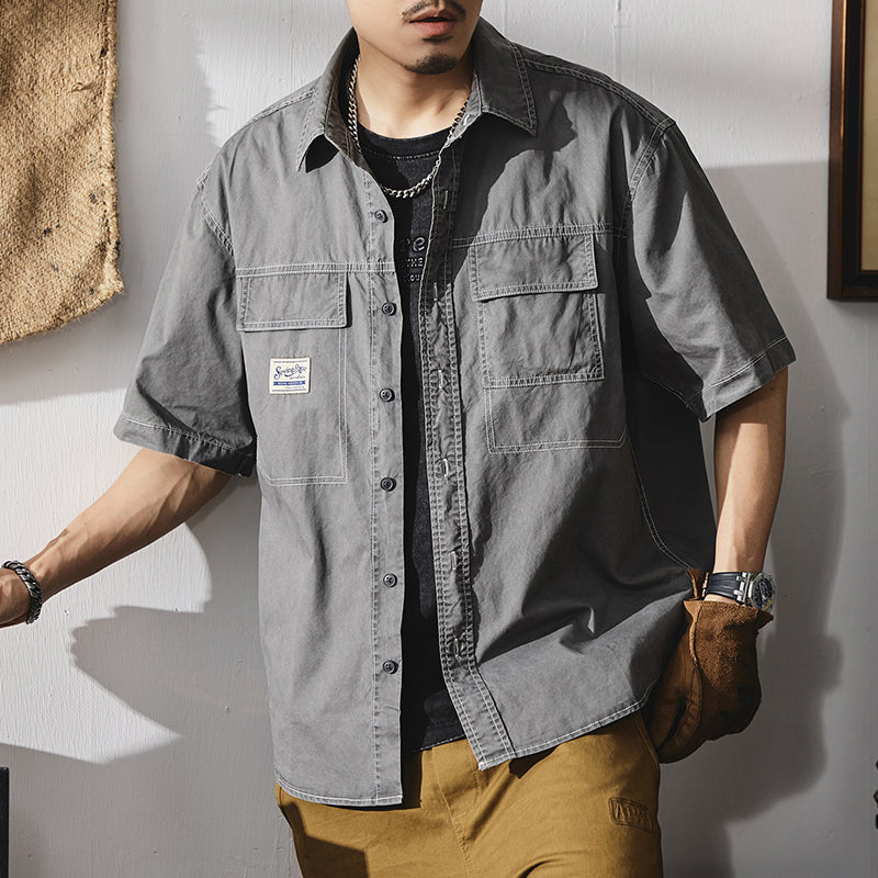 短袖襯衫夏季美式復古明線貼標襯衣潮流純棉大碼工裝外套