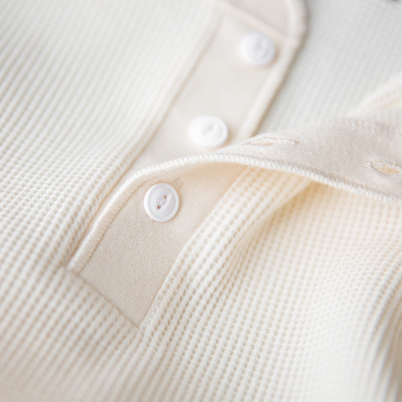 vintage華夫格亨利衫復古長袖阿美咔叽純色衛衣