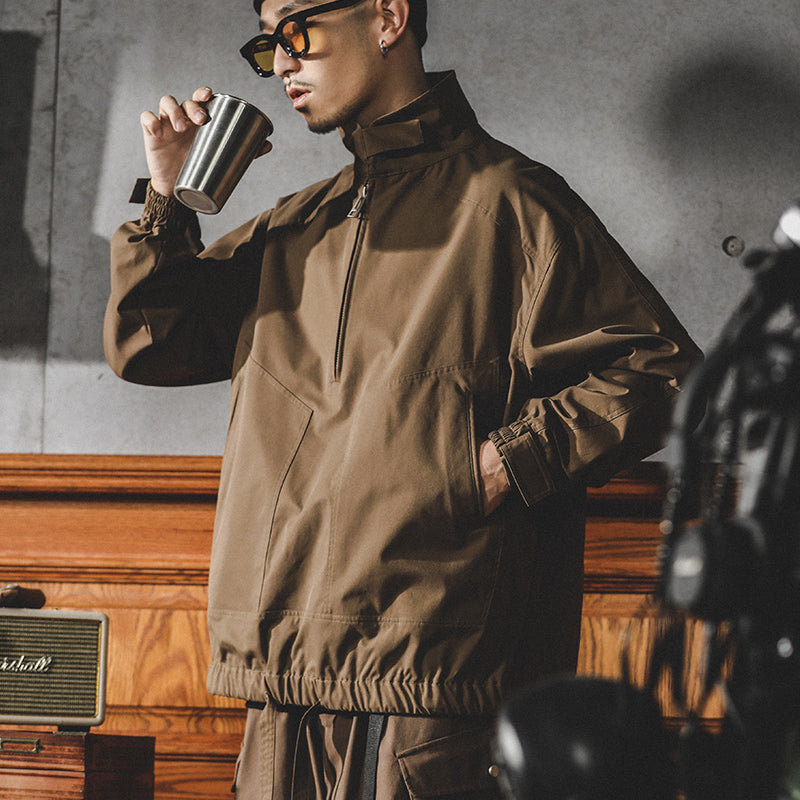 美式衛衣男春秋款半拉鏈套頭沖鋒衣寬松大碼復古工裝夾克外套春秋