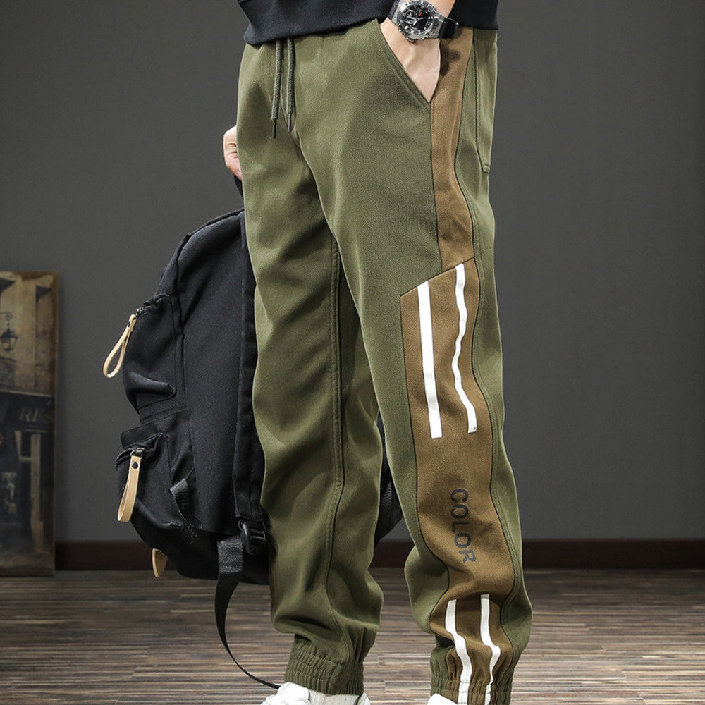 復古工裝束腳休閑褲男條紋大碼夏季新款痞帥哈倫運動長褲