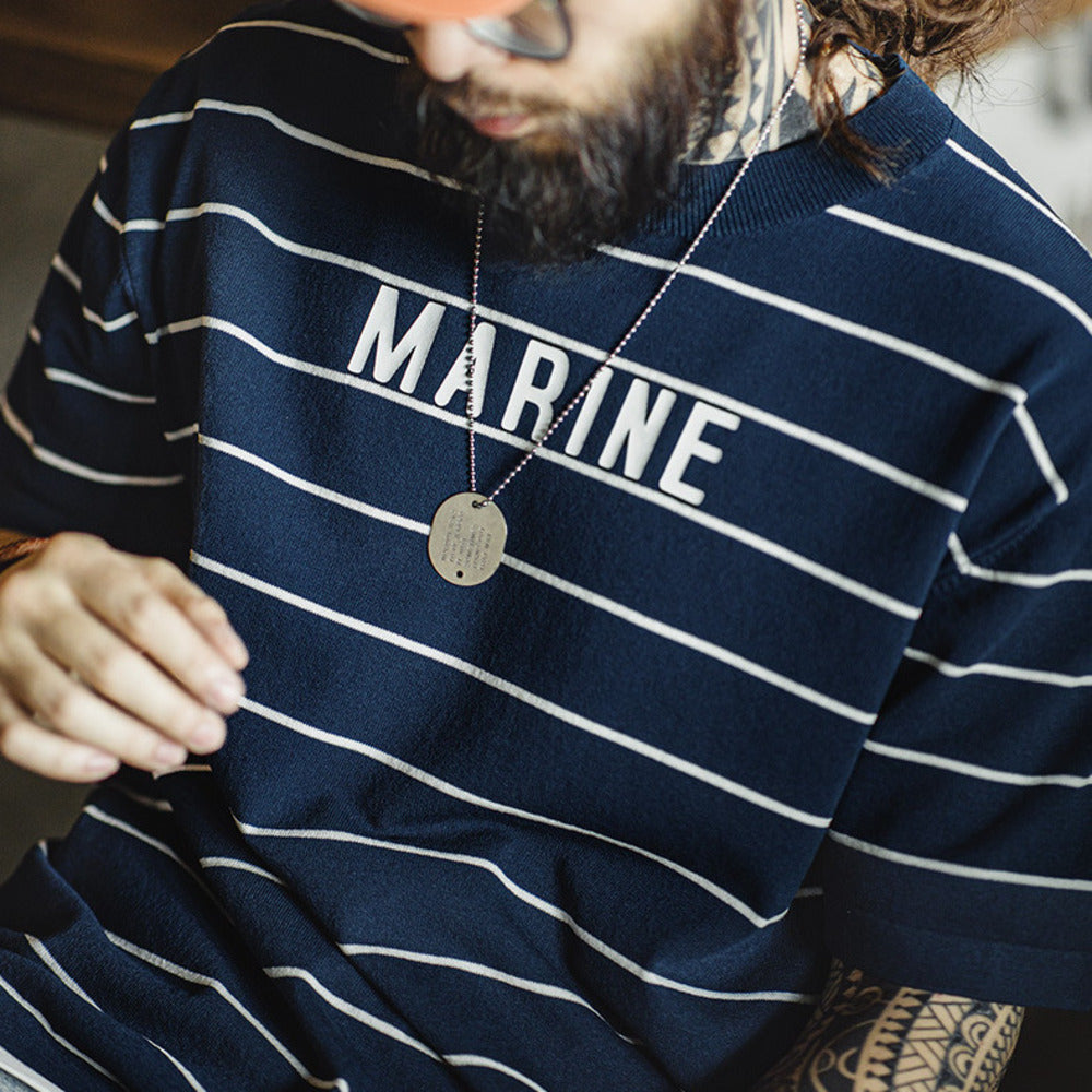 美式復古撞色條紋短袖T恤字母印花半袖海魂衫體恤男夏季