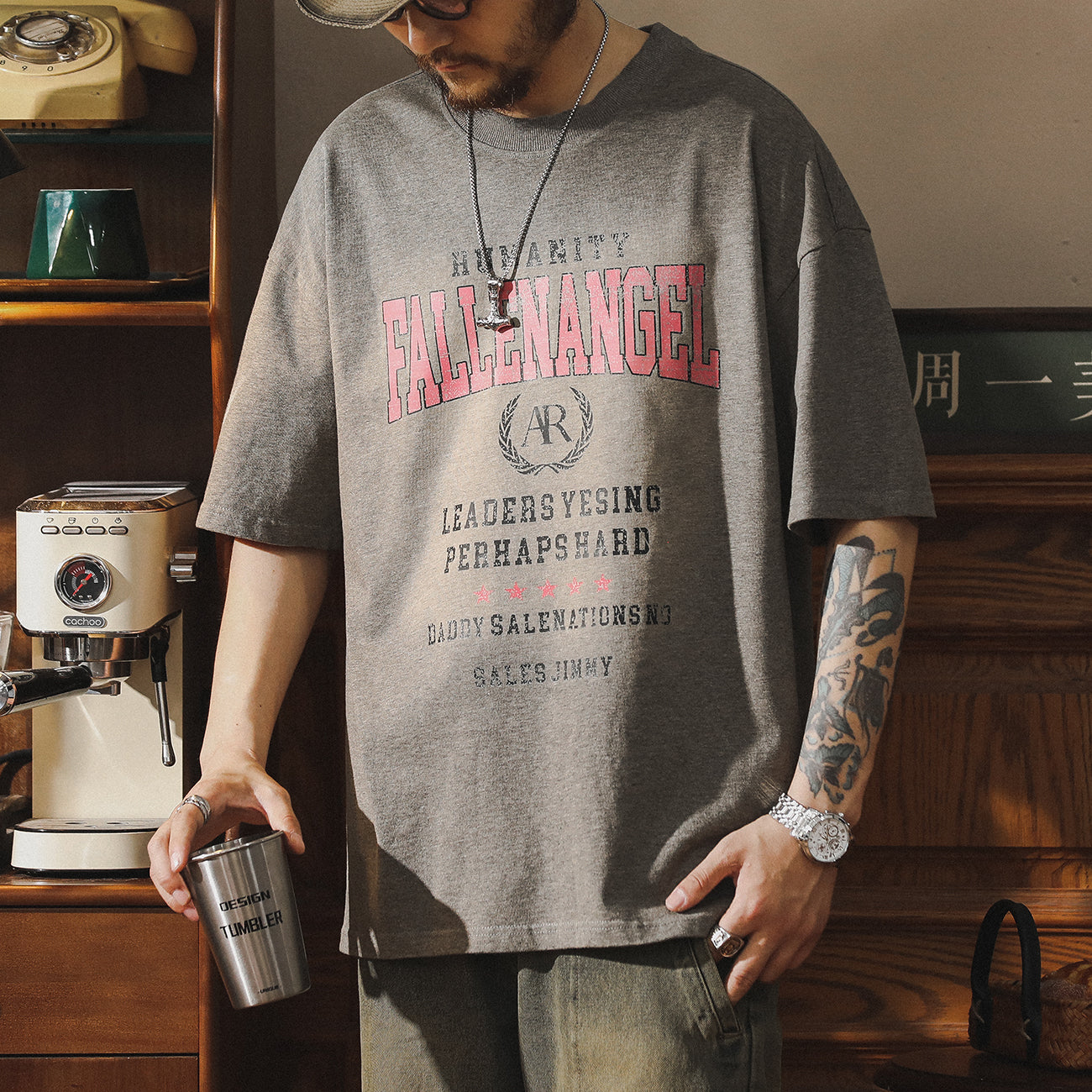 麻灰色美式休閑t恤男短袖新款夏季男裝體恤大碼寬松純棉上衣