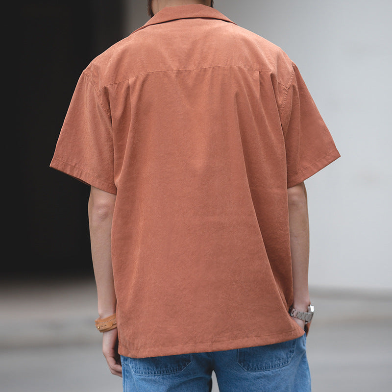 美式復古寬松古巴領短袖襯衫阿美咔叽春夏疊穿V領襯衣