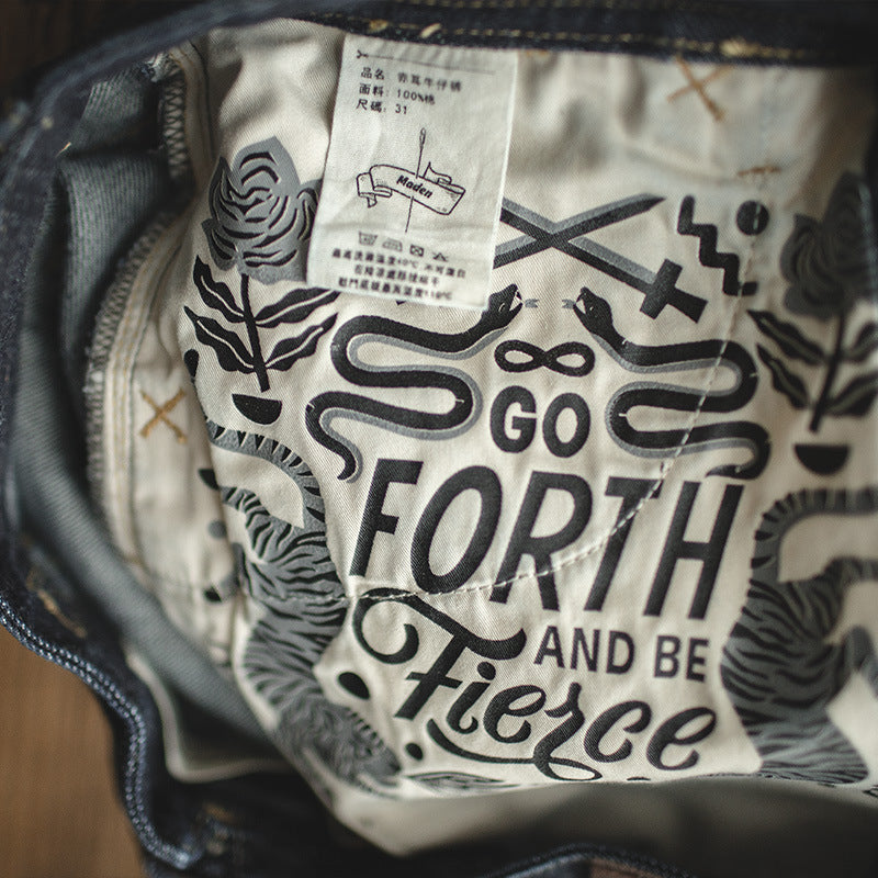 美式復古直筒丹寧赤耳原牛春秋阿美咔叽深色牛仔褲