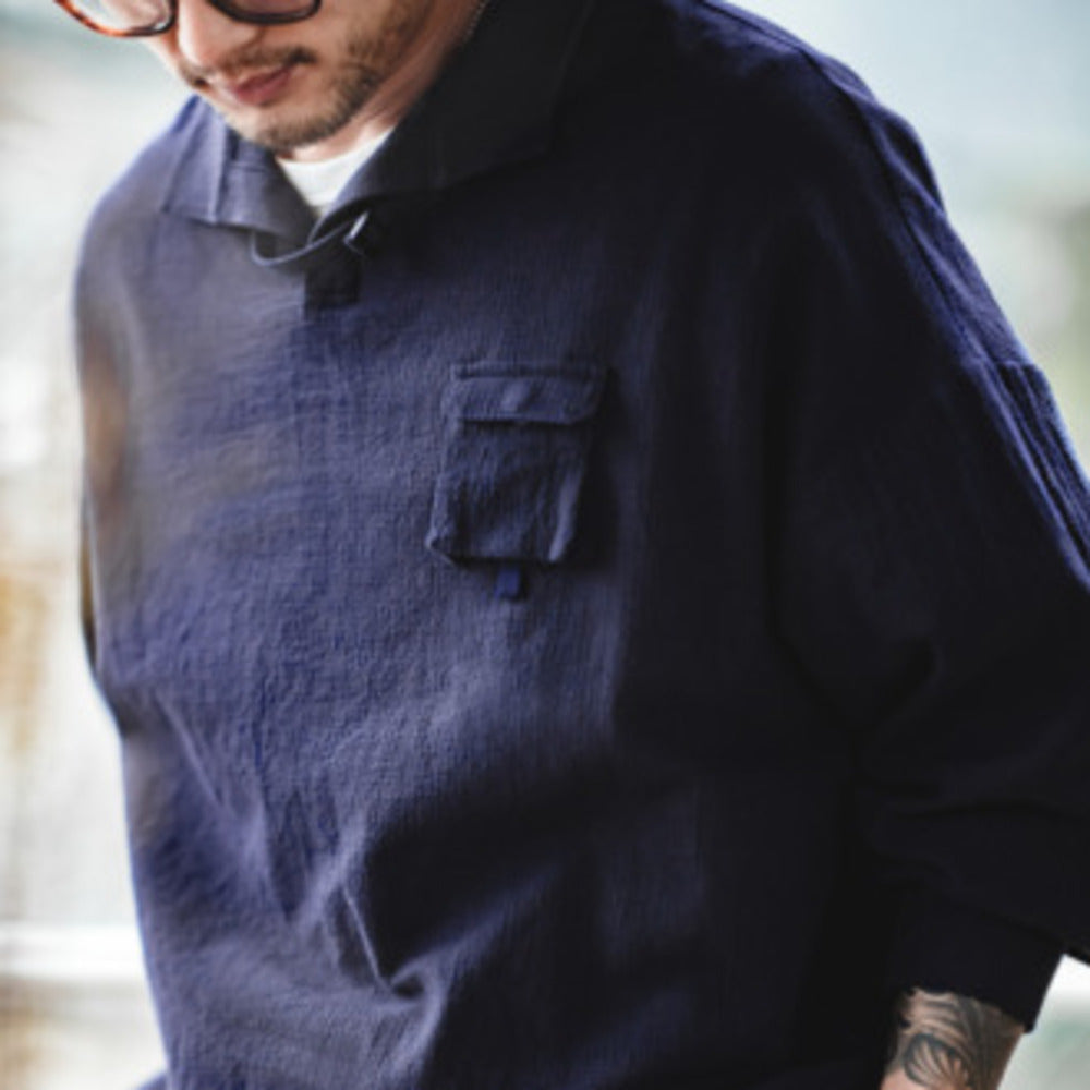 復古肌理感polo衫男士全棉翻領襯衫廓形寬松長袖