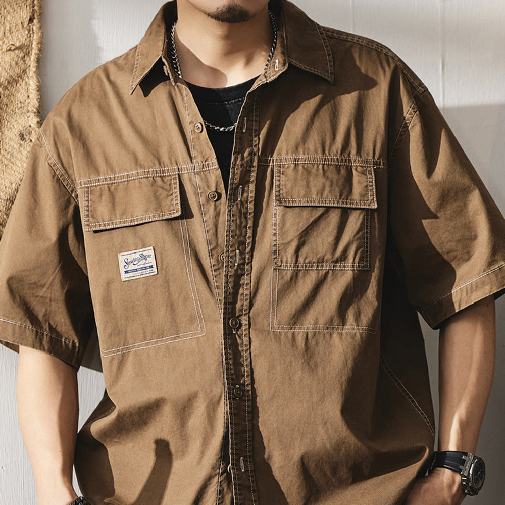 短袖襯衫夏季美式復古明線貼標襯衣潮流純棉大碼工裝外套