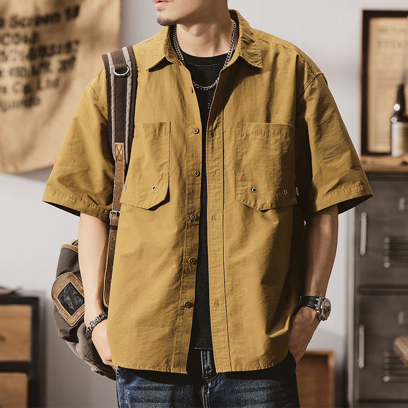 純棉復古大碼工裝外套夏季戶外美式街頭半袖襯衣