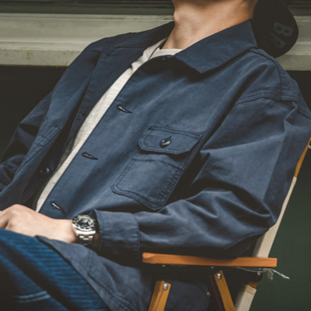 復古法式教練夾克藏青色外套做舊獵裝上衣