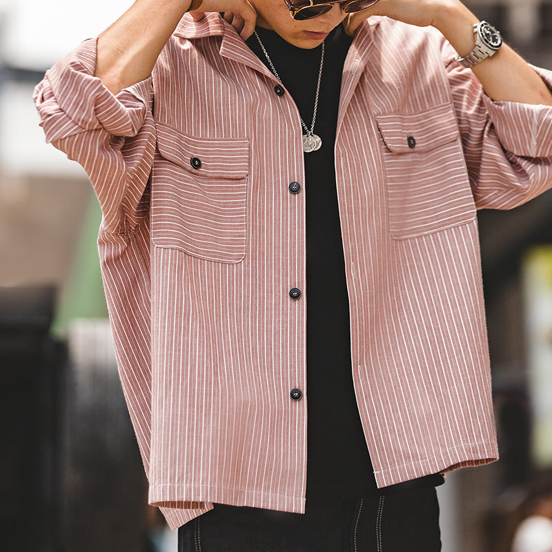 復古條紋古巴領阿美咔叽古著長袖上衣男