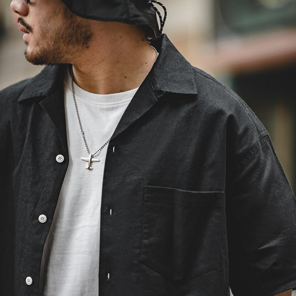 復古巴領寬鬆短袖襯衫透氣哢嘰休閒男寸衣痞帥夏山系