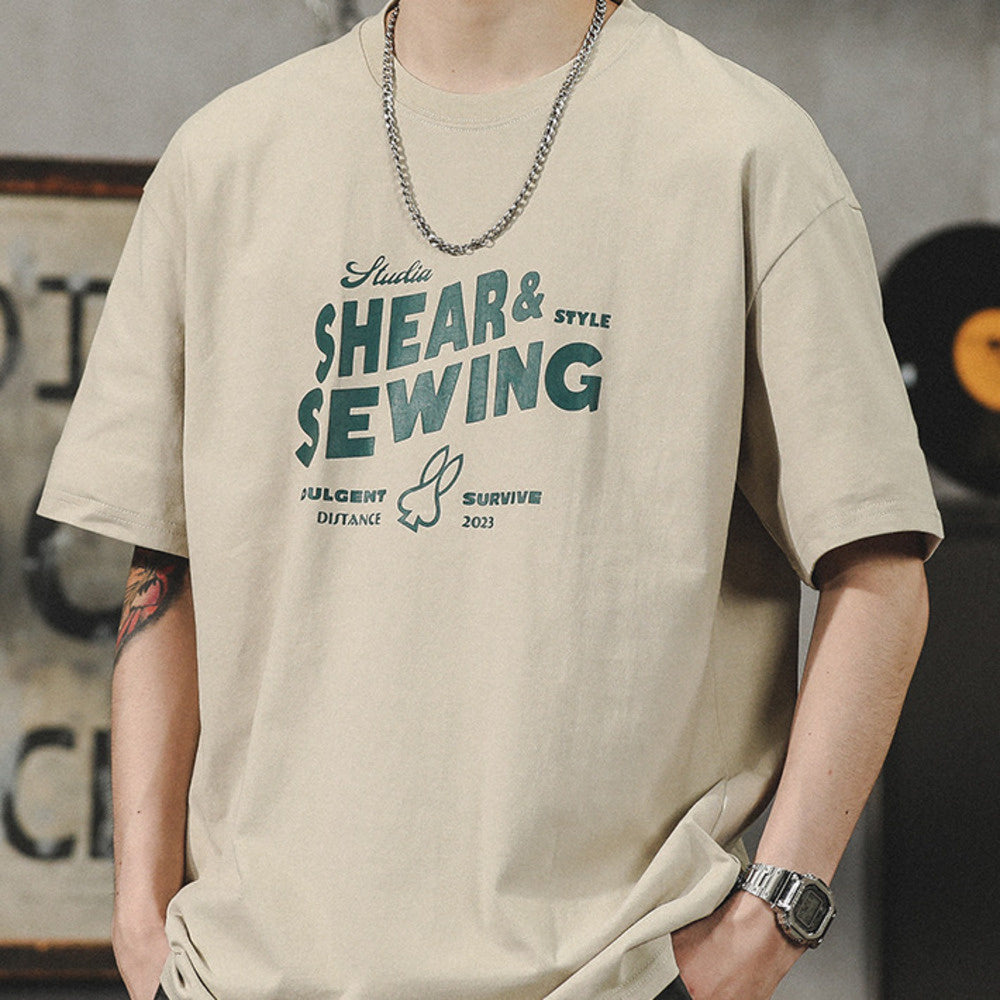 美式短袖T恤男2024夏季潮流百搭休閑五分袖體恤純棉潮牌男裝