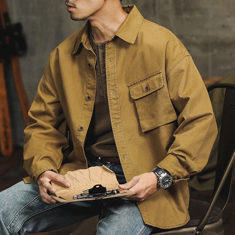 美式復古工裝襯衫外套男純棉春季長袖寸衫寬松休閑廓形襯衣