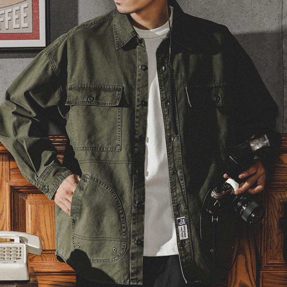 美式工裝襯衫男潮牌復古長袖襯衣男士春秋季寬松休閑上衣外套