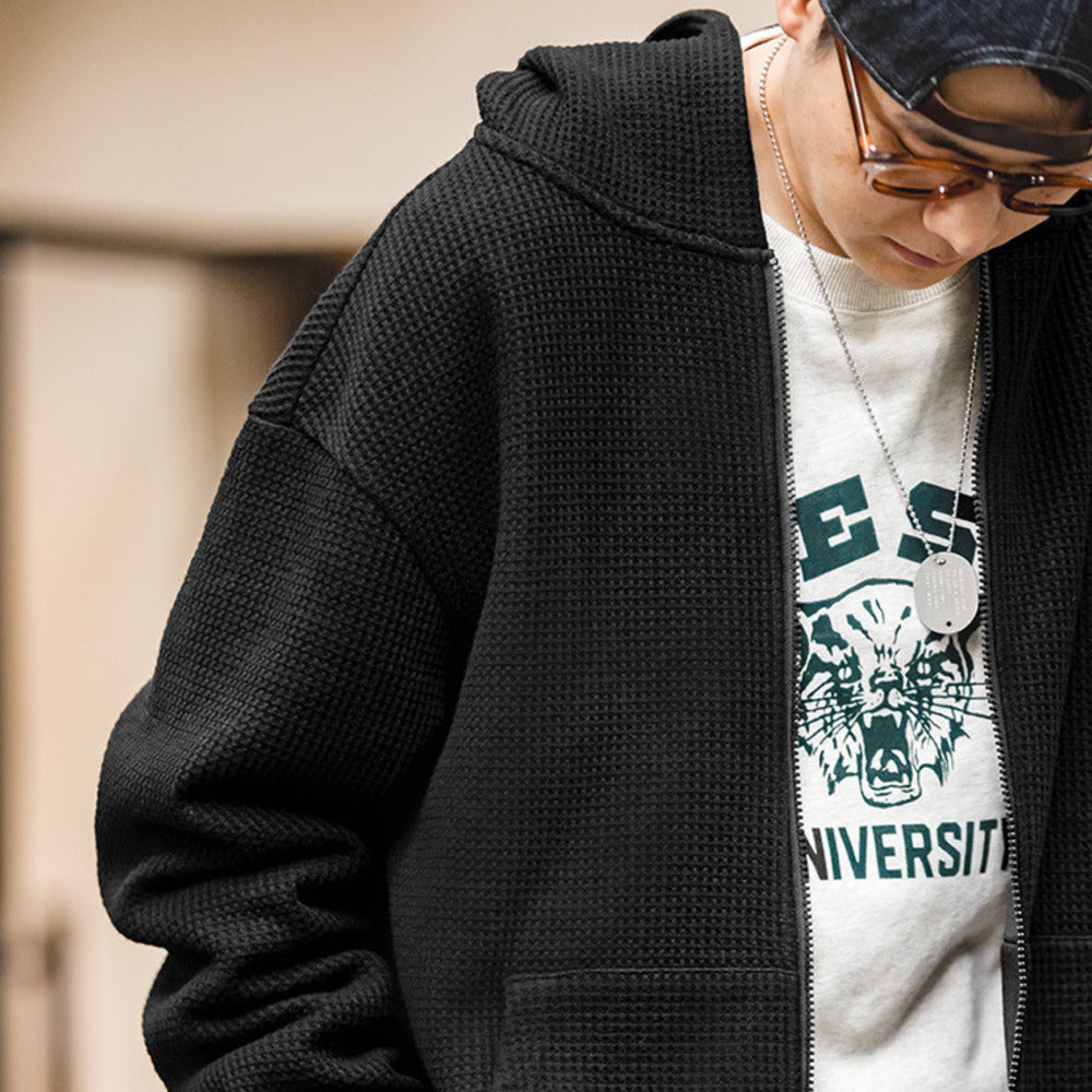 復古灰色連帽華夫格衛衣慵懶開衫運動外套針織衫