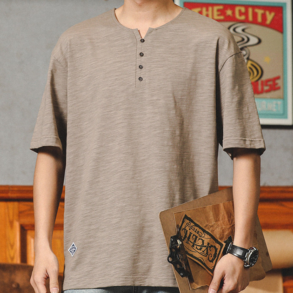 美式亨利領t恤短袖男潮牌潮流寬鬆竹節棉麻體恤衣服男款夏季