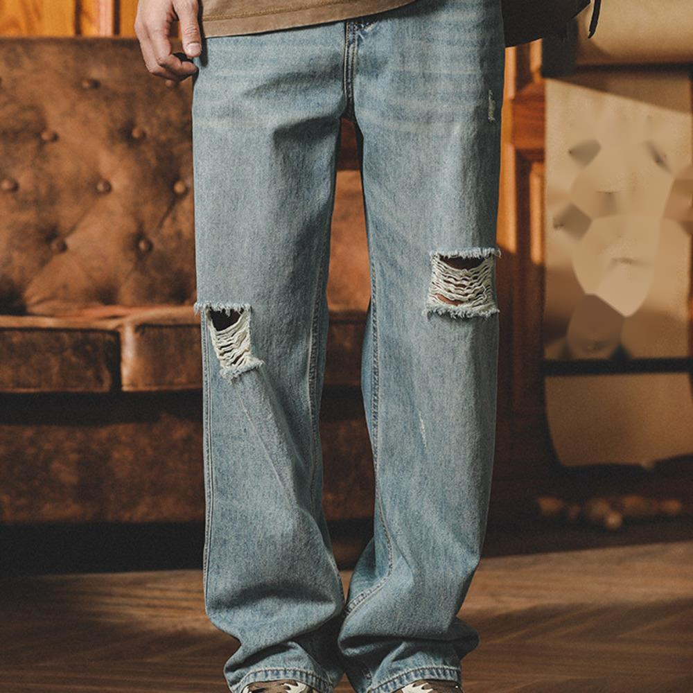 美式淺色破洞牛仔褲男款夏季薄潮牌寬鬆直筒水洗做舊休閒闊腿褲子