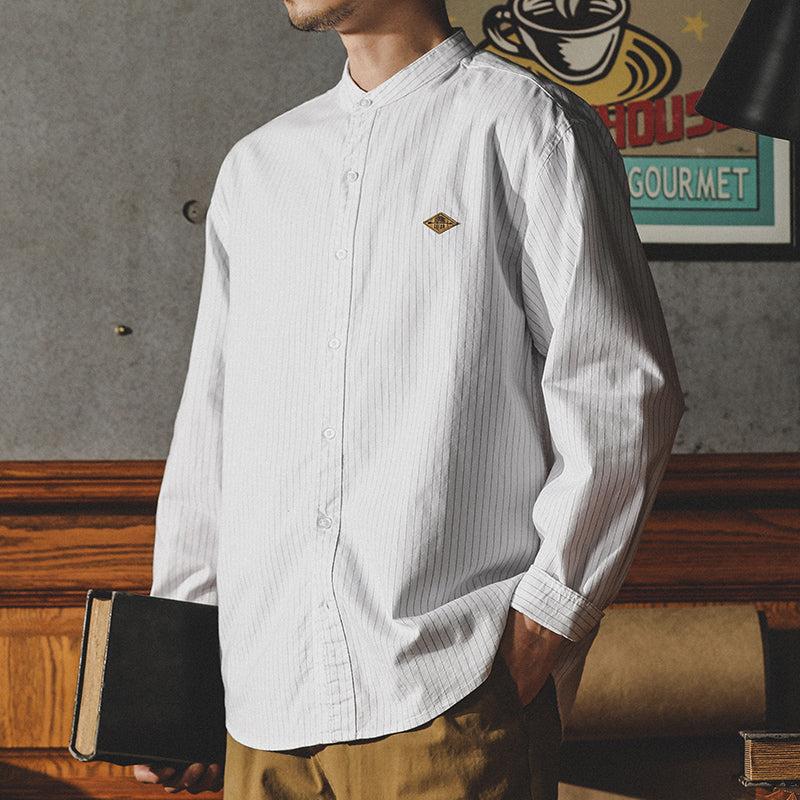 復古條紋襯衫春秋季美式休閑圓領內搭外穿立領襯衣外套