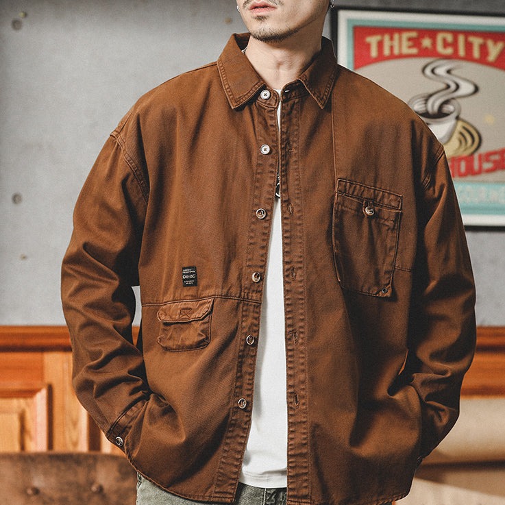 美式復古牛仔襯衫男長袖春季寬松休閑廓形工裝襯衣男寸衫外套