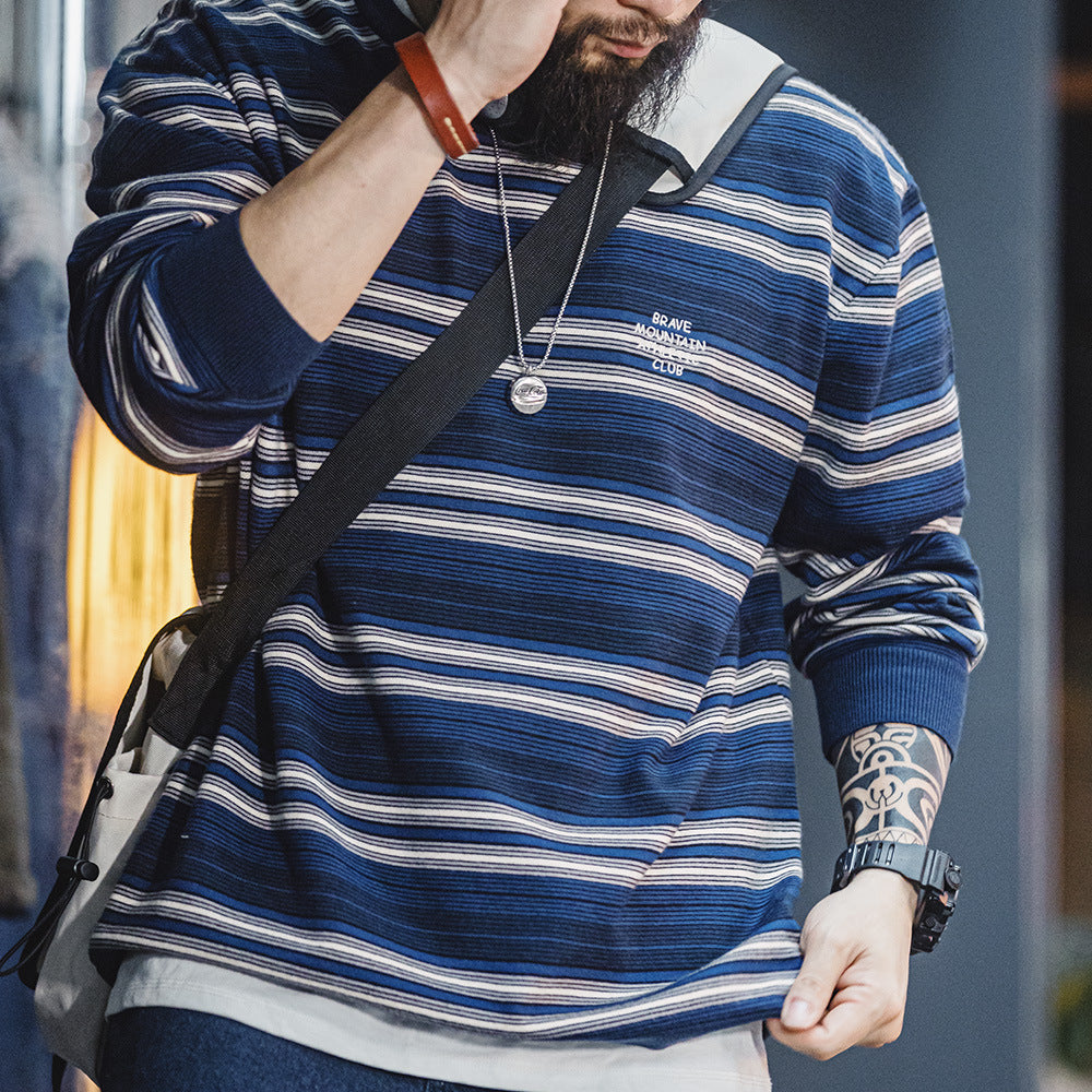 美式休閑撞色條紋長袖T恤Cityboy混紡圓領落肩針織衫