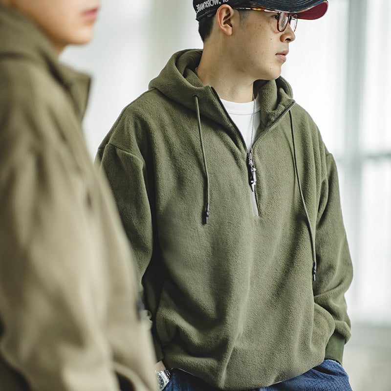 復古半拉鏈抓絨衛衣保暖加絨美式套頭帽衫外套