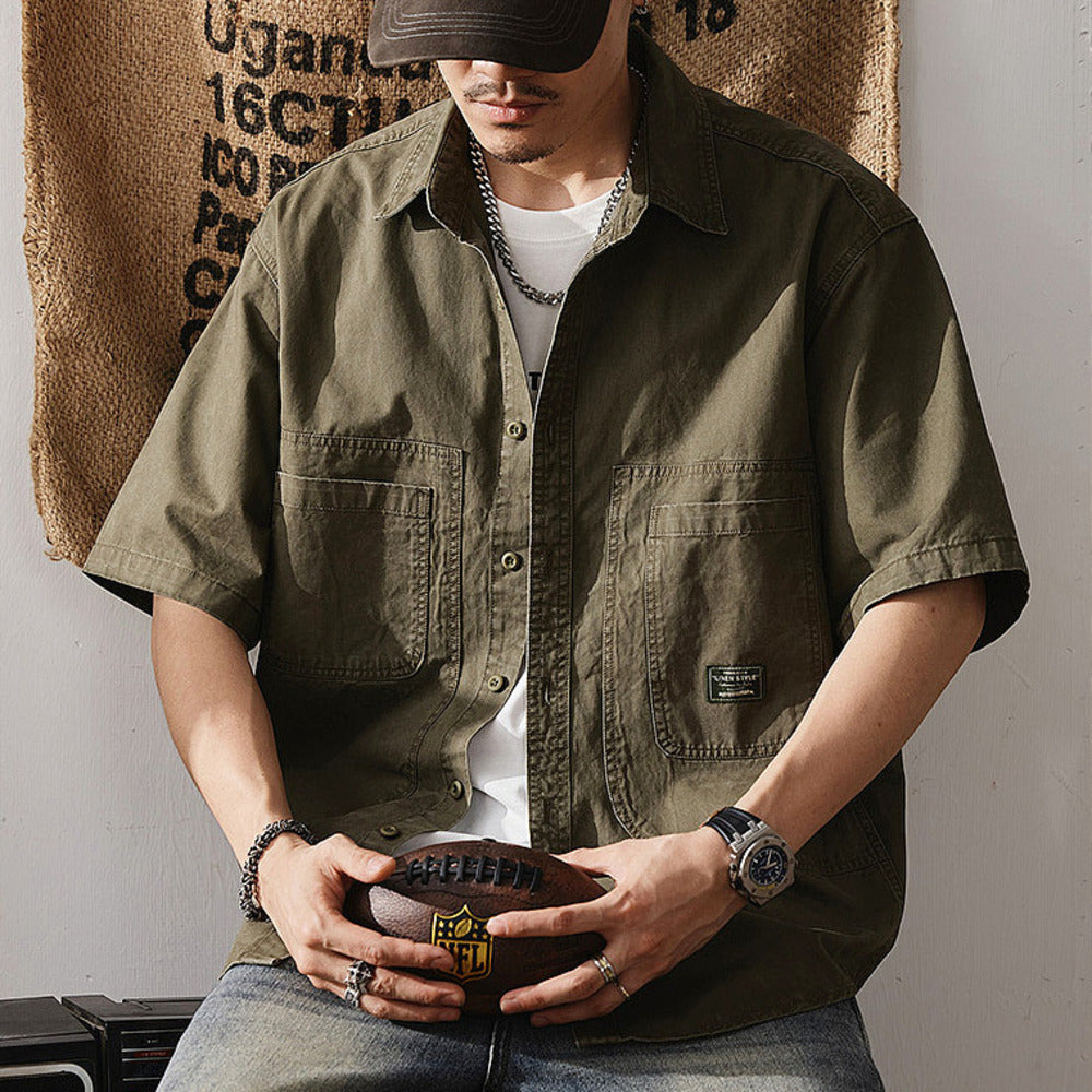 夏季美式硬漢工裝上衣純棉貼標大碼半袖襯衣