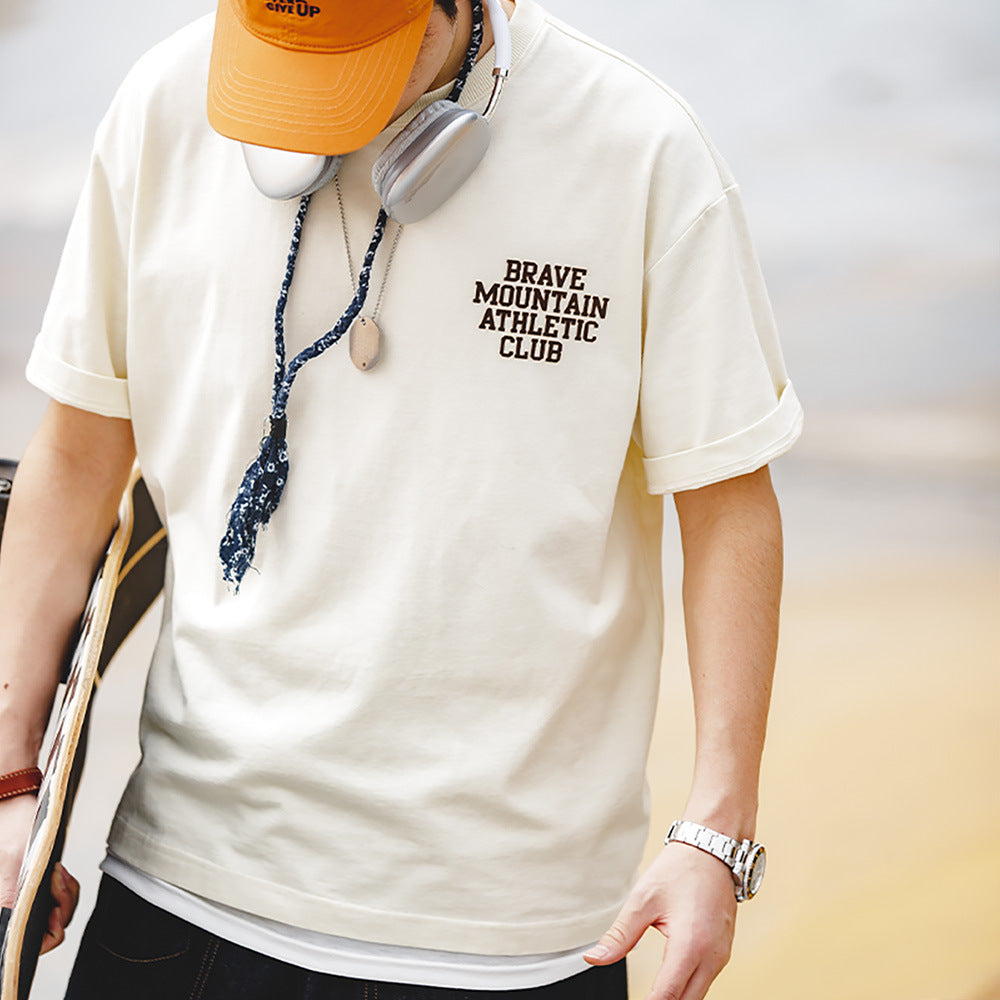 美式馬卡龍色短袖植絨字母印花體恤