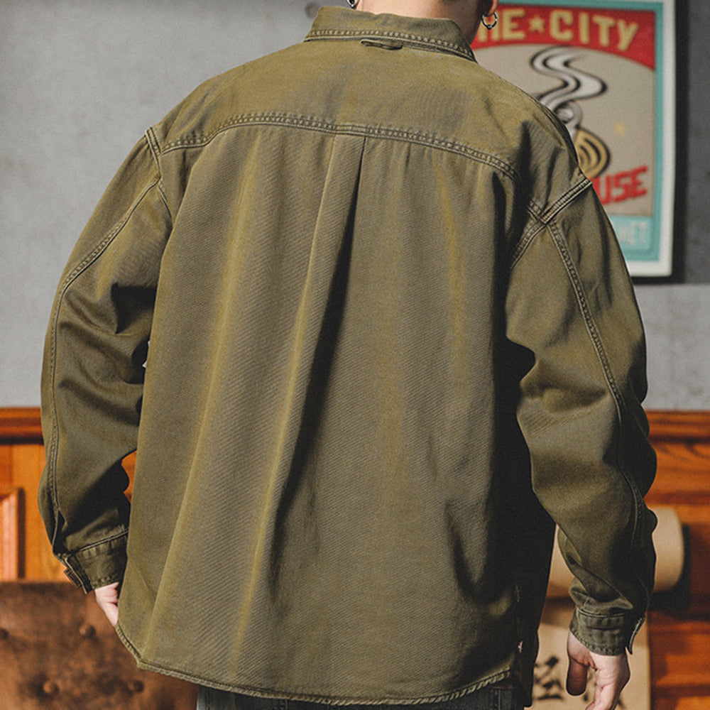 美式復古牛仔襯衫男長袖春季寬松休閑廓形工裝襯衣男寸衫外套