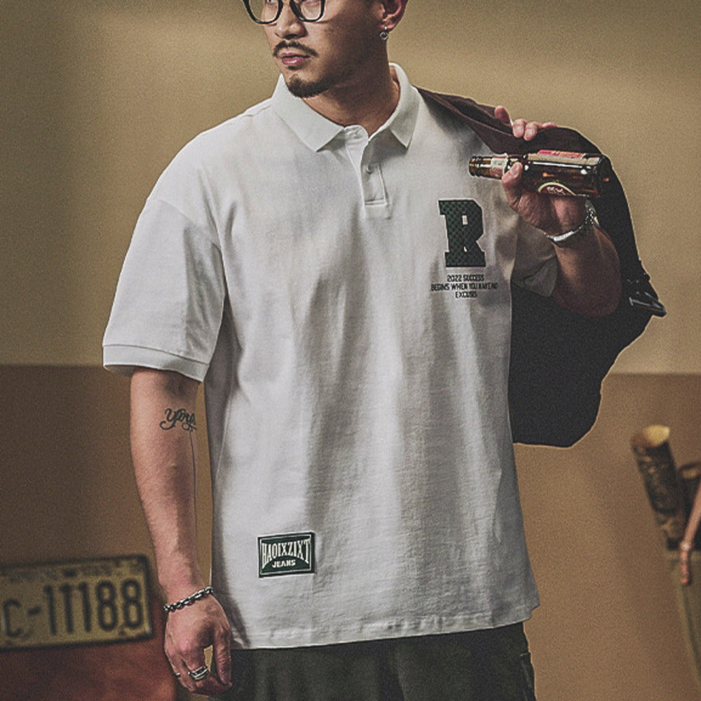 潮牌t恤短袖polo衫美式字母男通勤半袖体恤