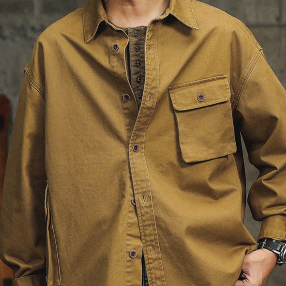 美式復古工裝襯衫外套男純棉春季長袖寸衫寬松休閑廓形襯衣