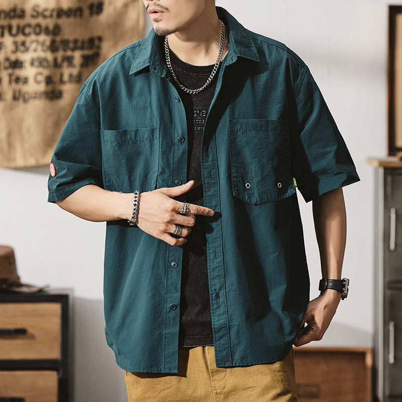 純棉復古大碼工裝外套夏季戶外美式街頭半袖襯衣