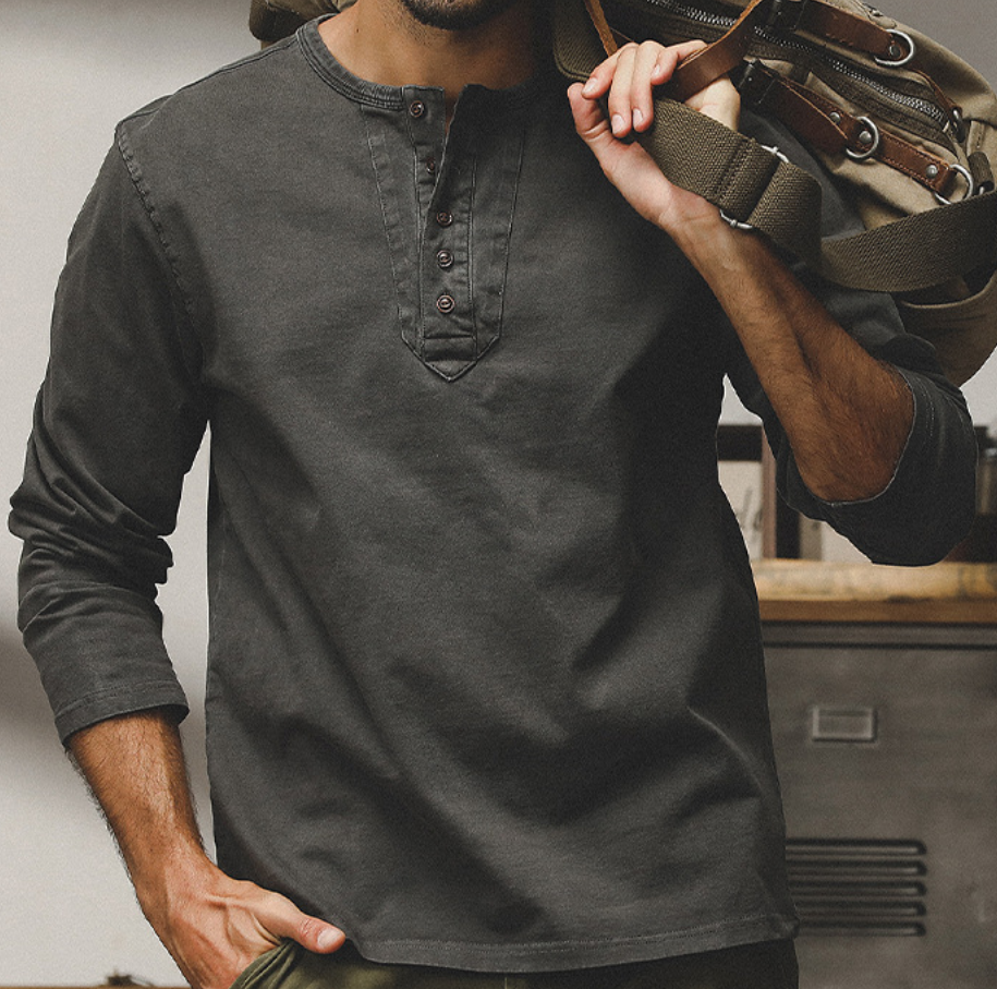 硬漢水洗做舊純棉Polo衫男春秋款休閑美式復古亨利衫長袖T恤