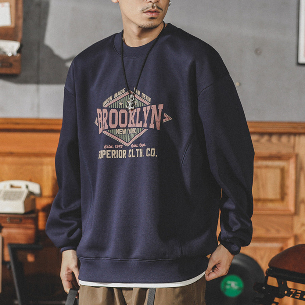 美式復古圓領衛衣男春秋季新款潮牌寬松大碼休閑套頭外套