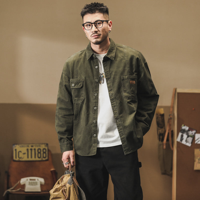 美式復古長袖襯衫春秋季款純棉休閑工裝襯衣外套