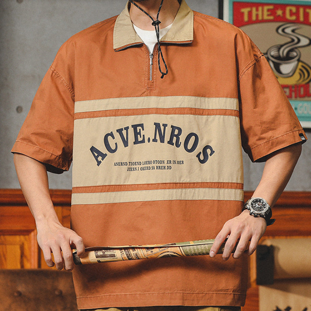 美式復古半拉鏈襯衫男短袖polo衫潮牌寬松休閑襯衣t恤男夏季